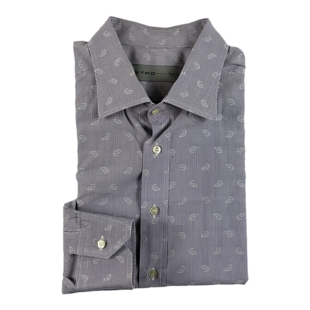 Etro Purple White Striped Paisley Print Cotton Mens Button Front Shirt Size 44